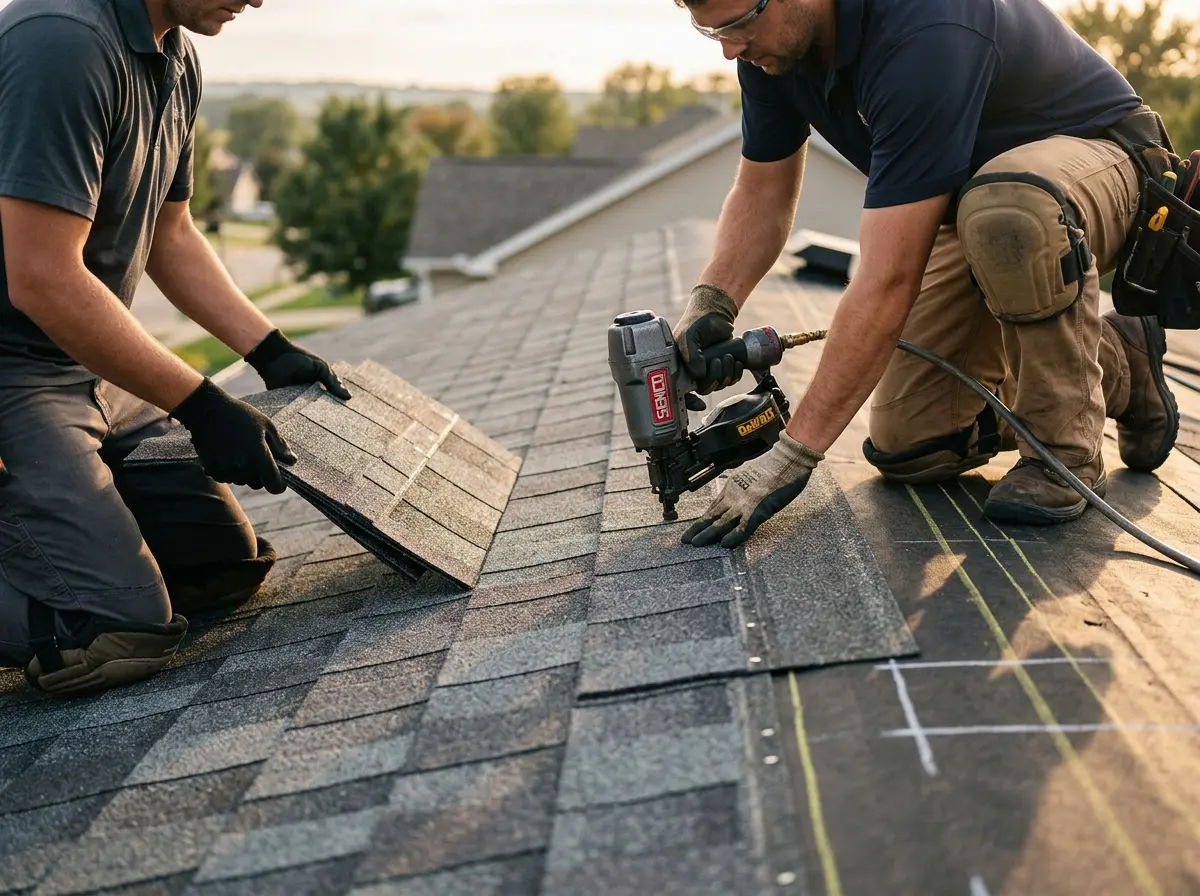 Professional roofer working on a residential roof in Shiloh